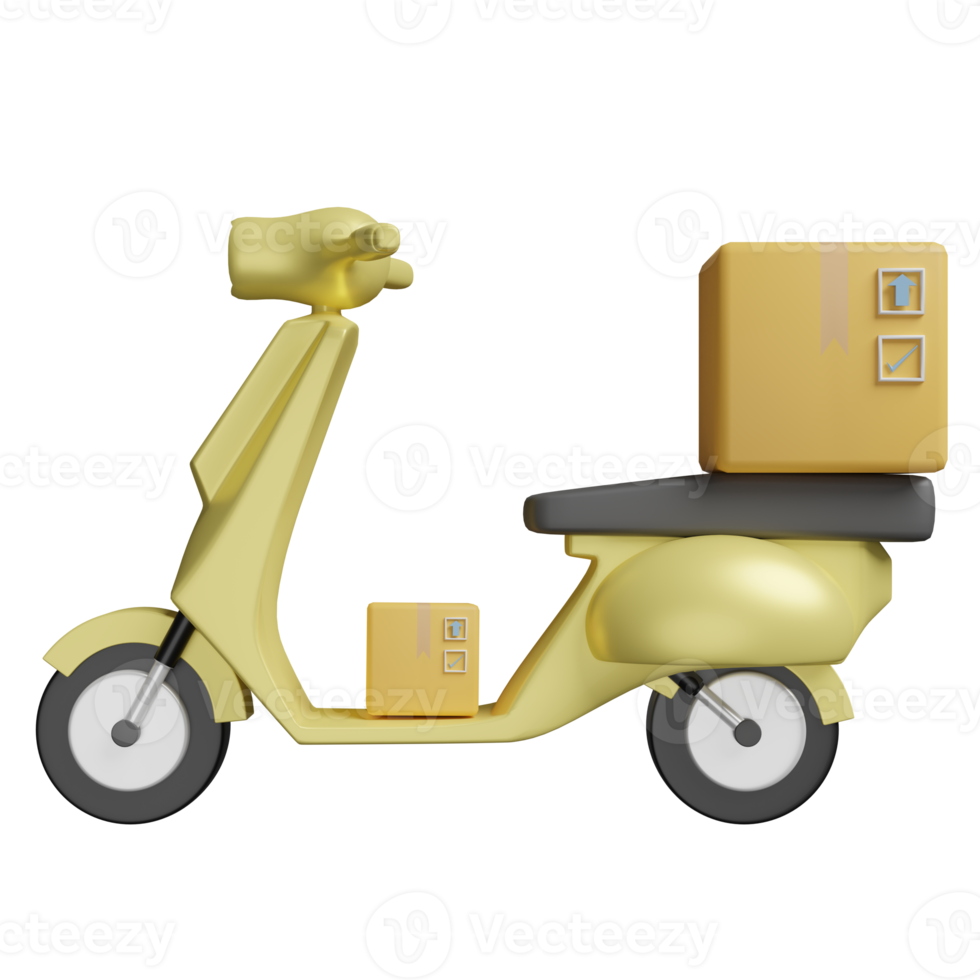 Online delivery or online order tracking concept, Fast package shipping with scooter and goods box on isolated. 3d illustration or 3d render png