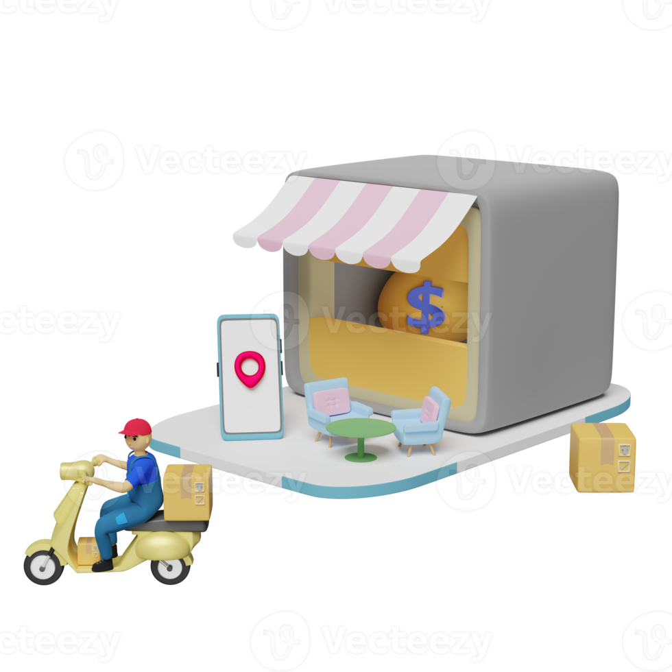 store front with coffee table, goods box, cartoon character scooter driver, money bag isolated. franchise business or fast package shipping delivery concept, 3d illustration, 3d render png