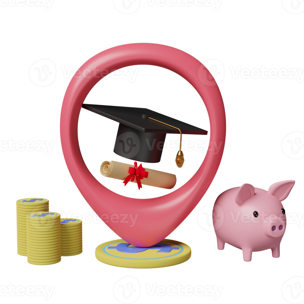 pin with hat graduation, money coins, diploma rolled, piggy bank saving isolated. investment education or scholarships concept, 3d illustration or 3d render png