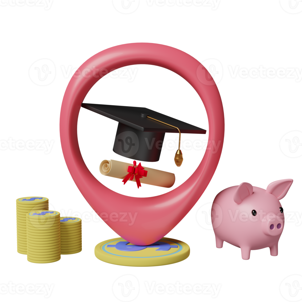 pin con graduación de sombrero, monedas de dinero, diploma enrollado, ahorro de hucha aislado. educación de inversión o concepto de becas, ilustración 3d o presentación 3d png