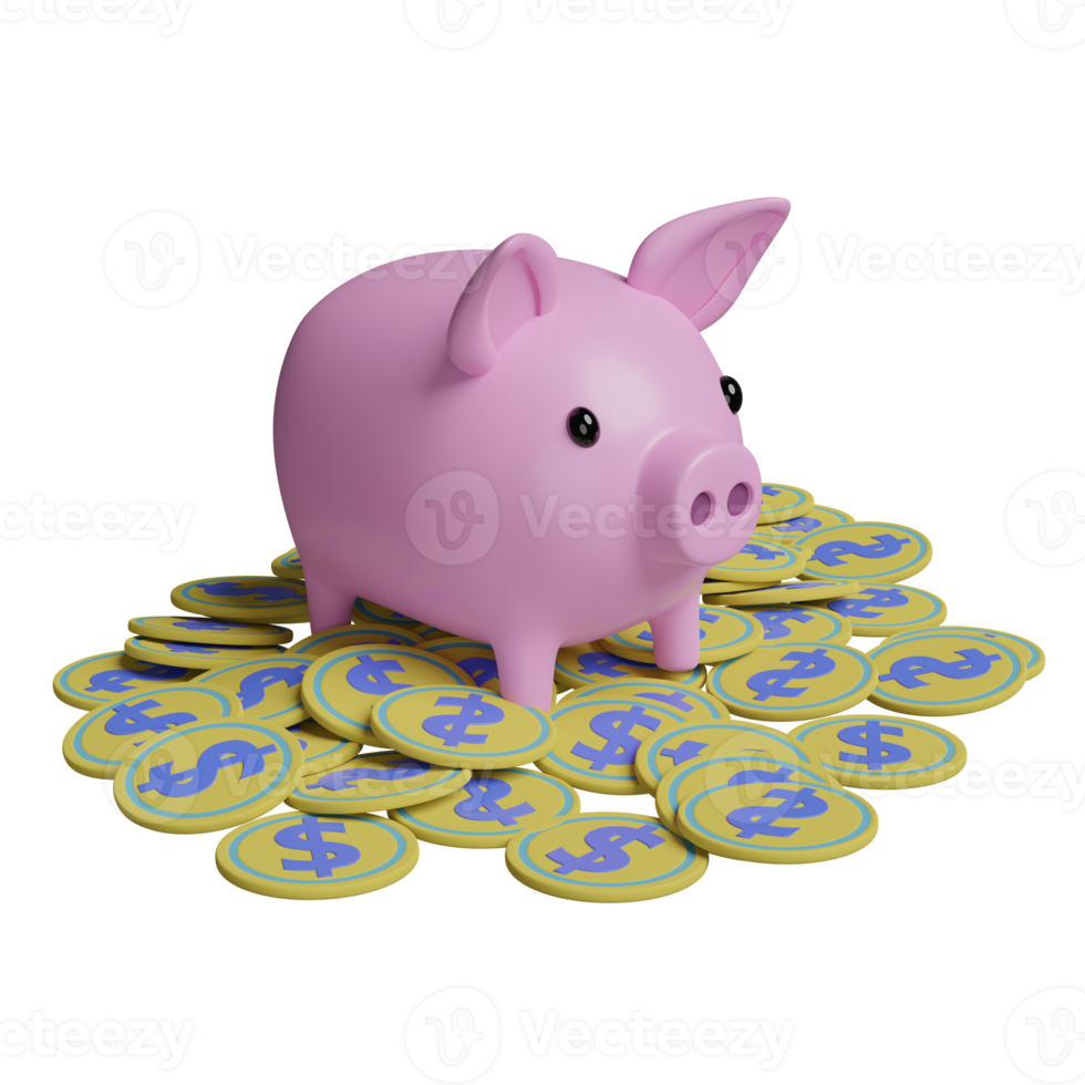 piggy bank with gold coins money pile isolated. 3d illustration or 3d render png