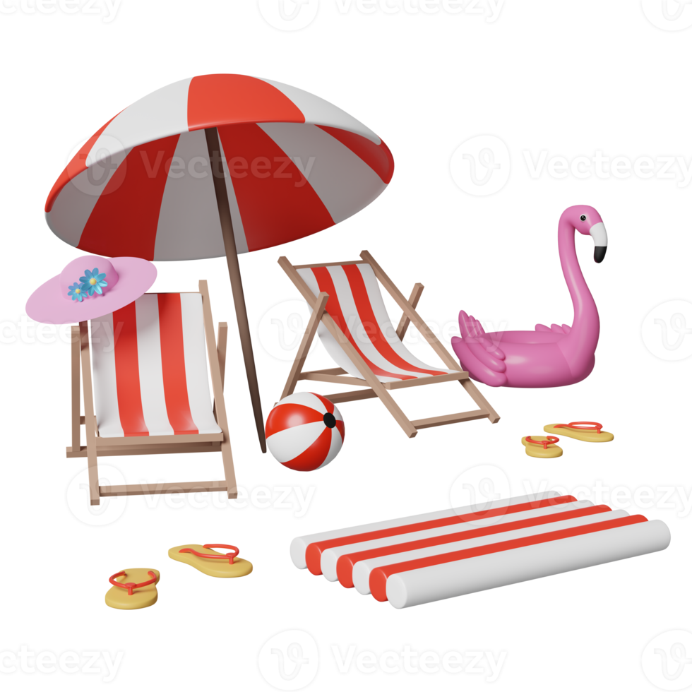 playa de verano e isla con silla de playa, sombrilla, pelota, flamenco inflable, nube, sandalias, estrellas de mar, balsa de goma aislada. concepto de ilustración 3d o renderizado 3d png
