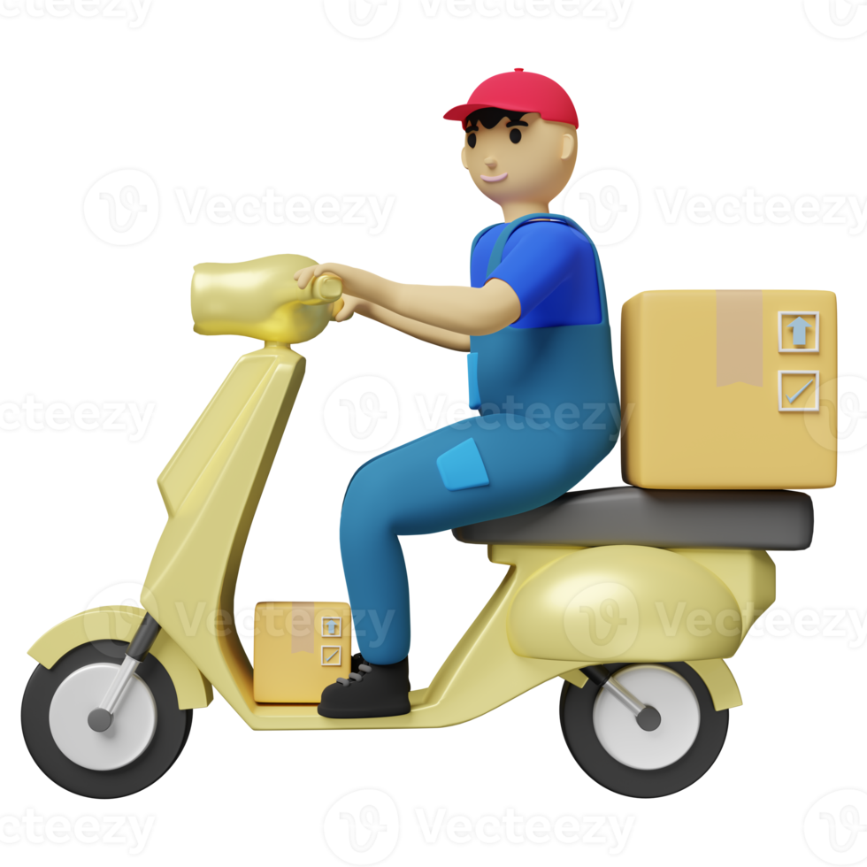 entrega on-line de personagem de desenho animado ou conceito de rastreamento de pedidos on-line, envio rápido de pacotes com scooter e caixa de mercadorias isolada. ilustração 3D ou renderização 3D png