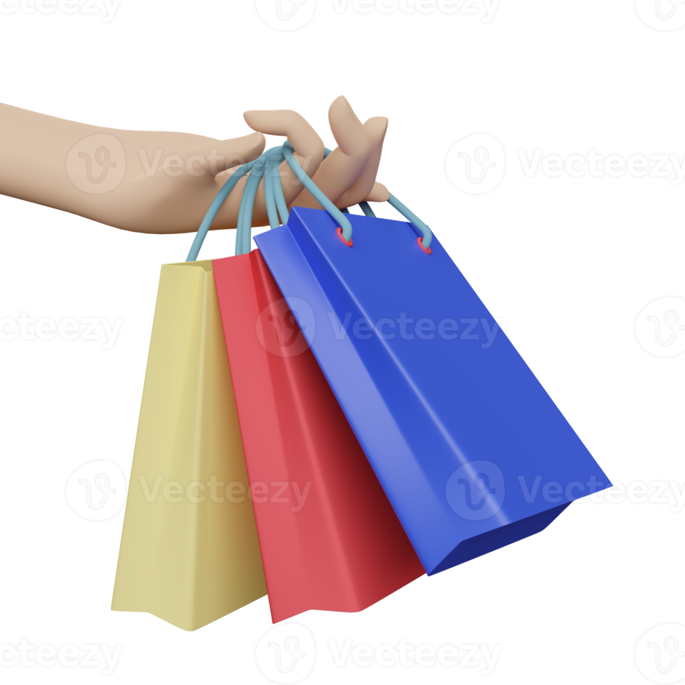 Character cartoon woman hand holding colorful shopping paper bags isolated. 3d illustration or 3d render png