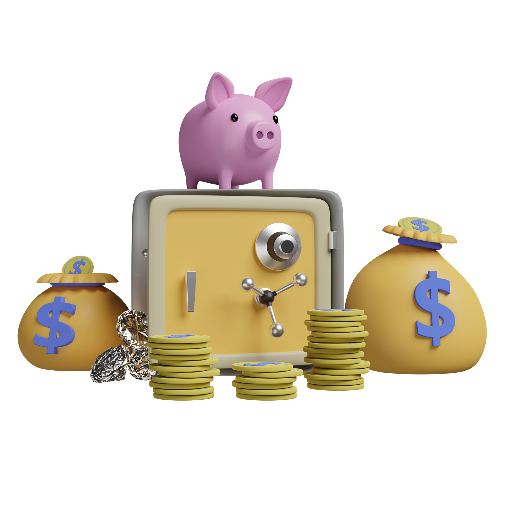 Safe box and piggy bank with money bag, coins, diamond isolated