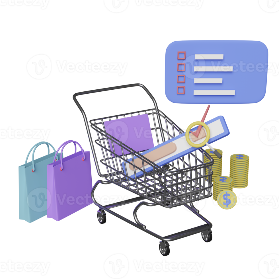 handla vagn och bar sökande med handla papper påsar, grafisk element, förstorande glas, dollar mynt isolerat. 3d illustration eller 3d framställa png