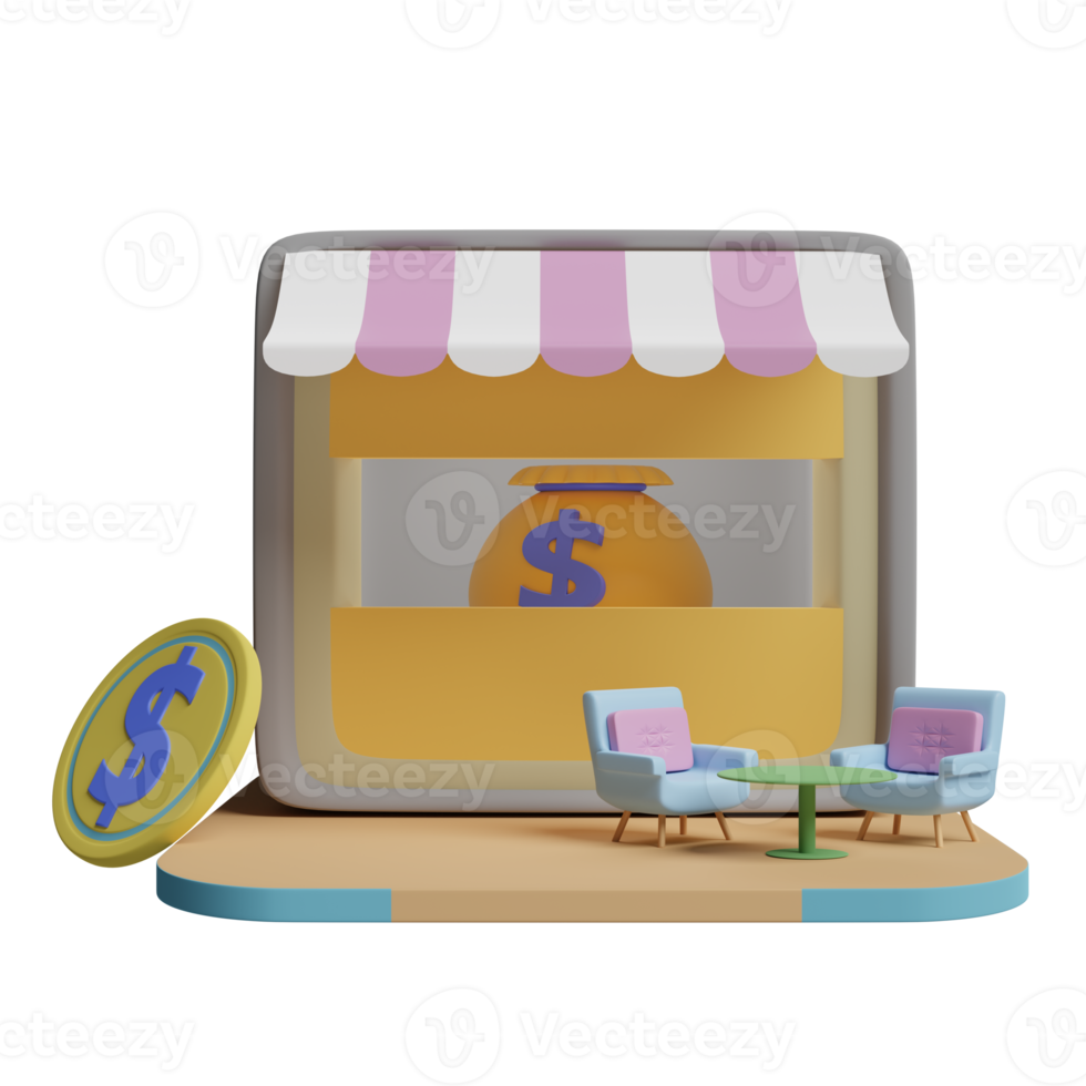 store front with coffee table, coin, money bag isolated. Startup franchise business concept, 3d illustration or 3d render png