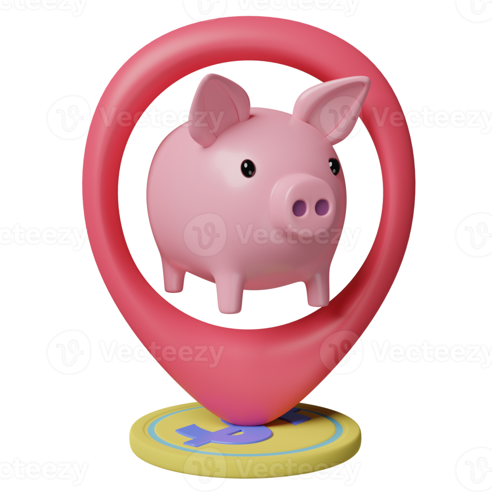 piggy bank with pin, gold coins saving money isolated. concept,  3d illustration or 3d render png