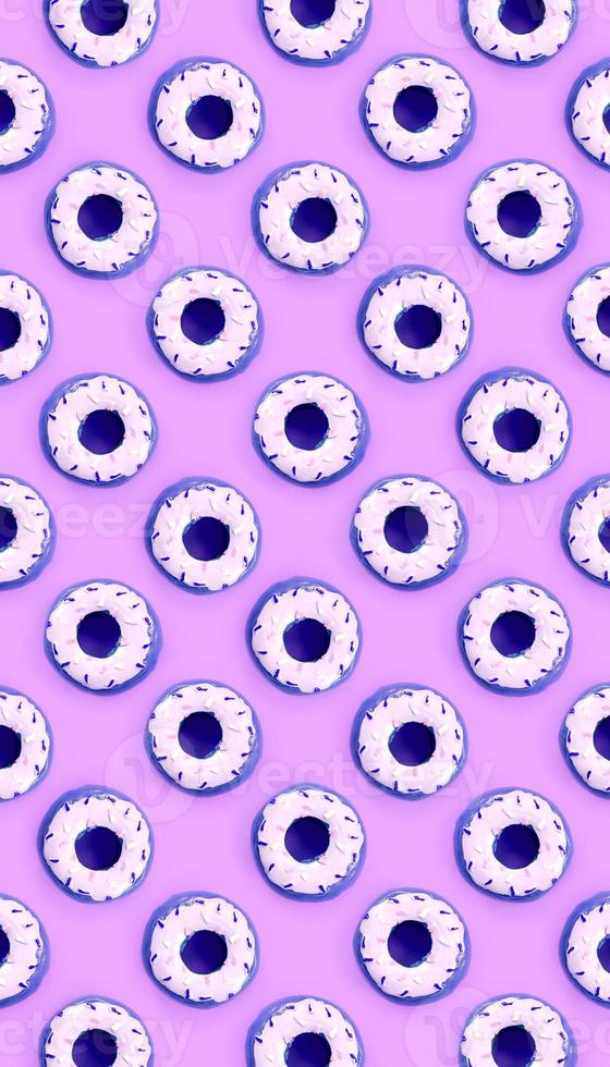 Many small plastic donuts lies on a pastel colorful background. Flat lay minimal pattern. Top view photo