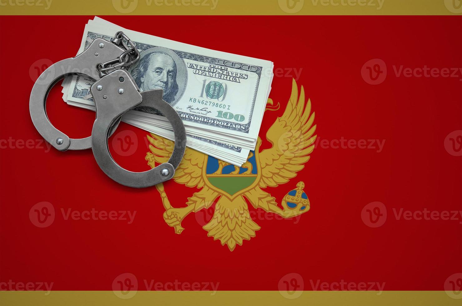 Montenegro flag  with handcuffs and a bundle of dollars. The concept of breaking the law and thieves crimes photo
