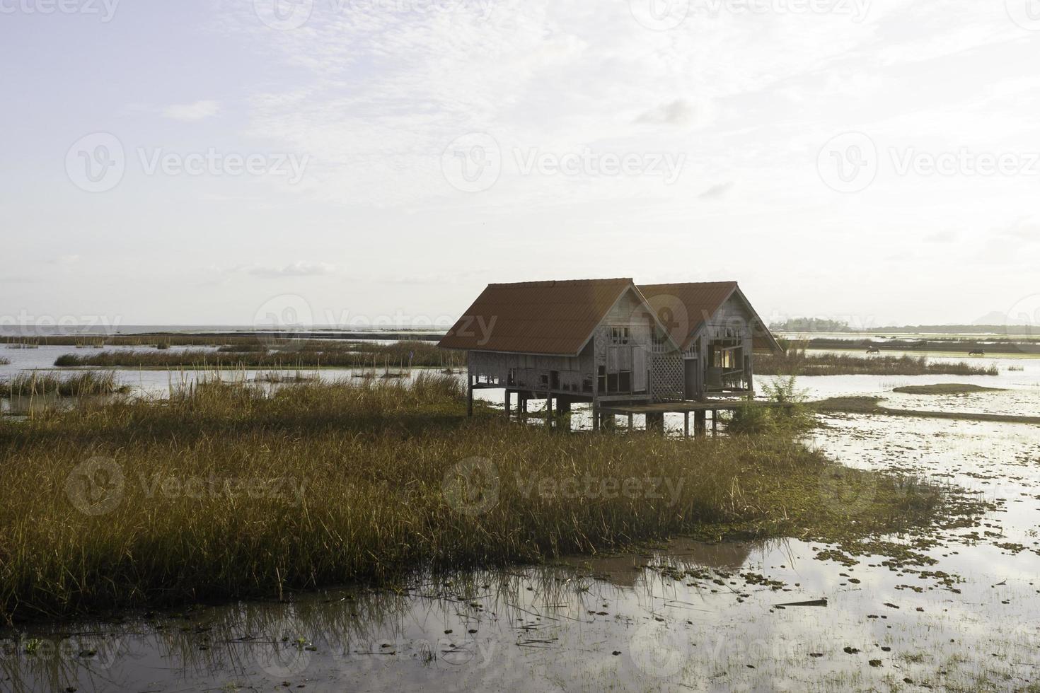 An old house at Talay Noi with a blue sky Chaloem Phrakiat Bridge Phatthalung Province in Thailand photo