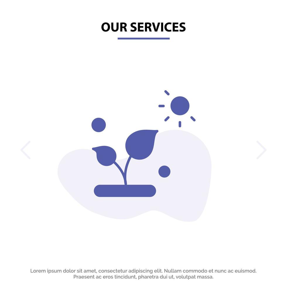 Our Services Biology Plant Science Sun Solid Glyph Icon Web card Template vector