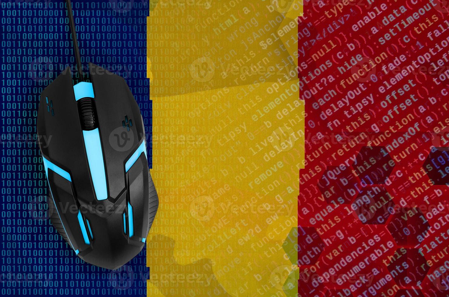 Romania flag  and computer mouse. Digital threat, illegal actions on the Internet photo