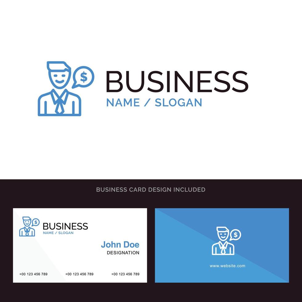 Man Work Job Dollar Blue Business logo and Business Card Template Front and Back Design vector