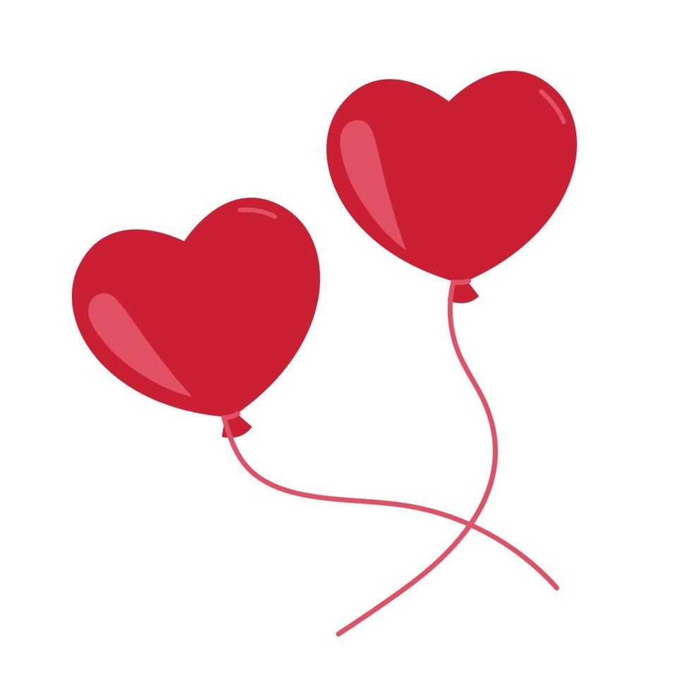 Two red heart balloons isolated on white background. Vector flat illustration for valentine's day, wedding