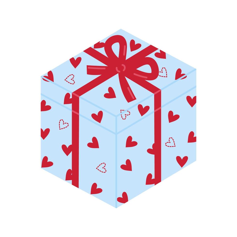 Gift box with heart shapes and ribbon isolated on white background. Valentine's day, bithday, christmas, holiday vector flat illustration