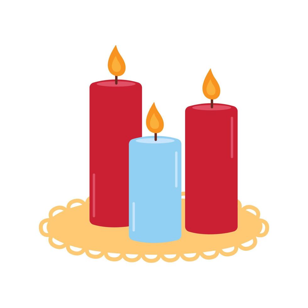 Three aromatic candles on stand isolated on white background. Burning decorative red and blue wax candles. Relaxation, aromatherapy, romantic, valentine's day, christmas vector flat illustration