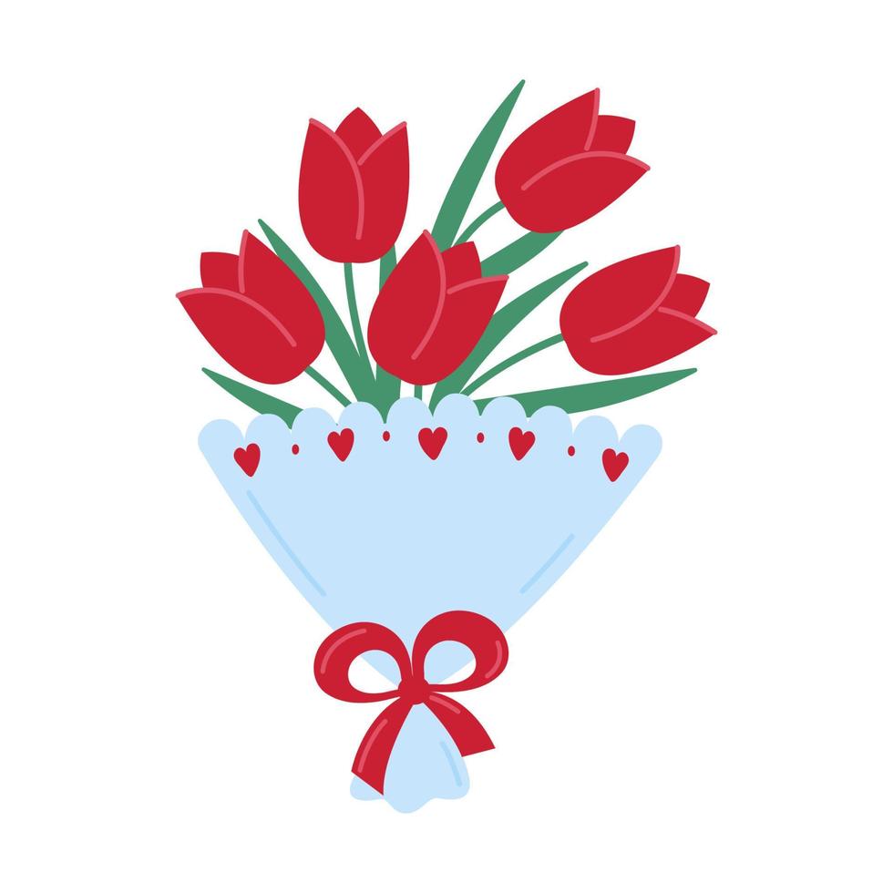 Flower bouquet isolated on white background. Red tulips in blue wrap. Gift for valentine's day, wedding, birthday, 8 march. vector