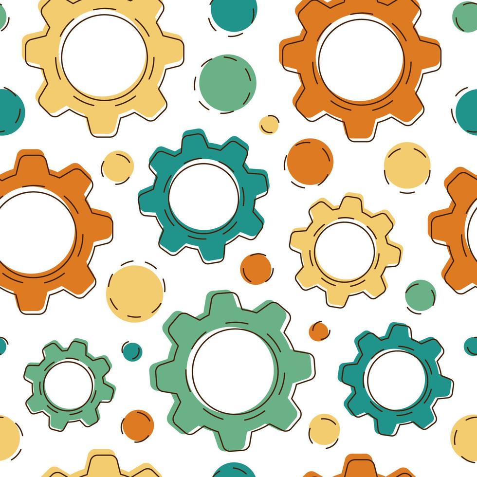 Seamless pattern with colorful gears, circles and white background. Vector flat illustration