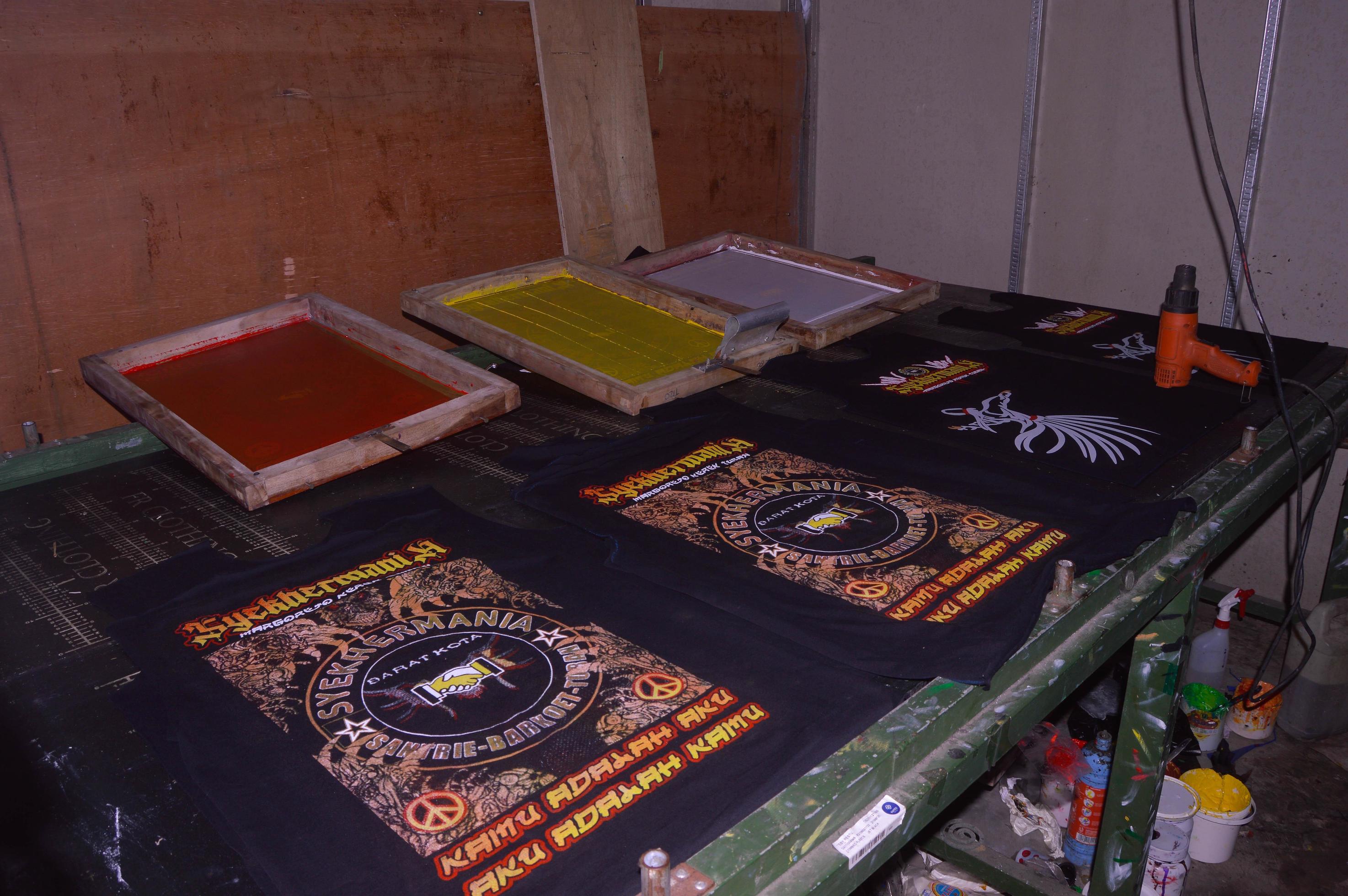 gresik, june, 2022 manual screen printing studio with table and