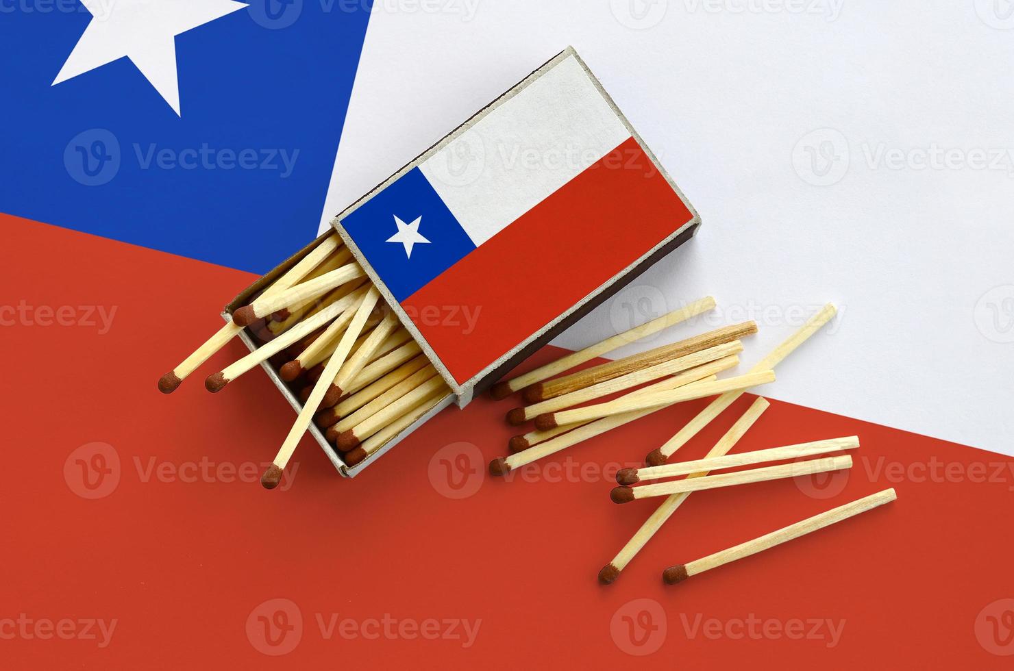 Chile flag  is shown on an open matchbox, from which several matches fall and lies on a large flag photo