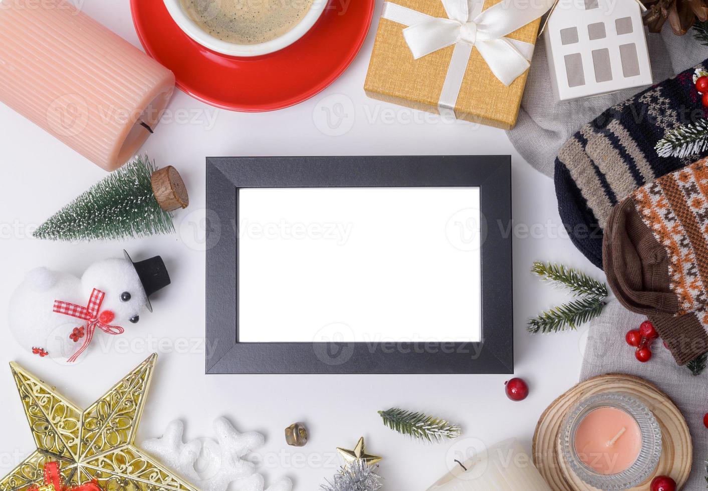 Top view Christmas flat lay  decorations on white background photo