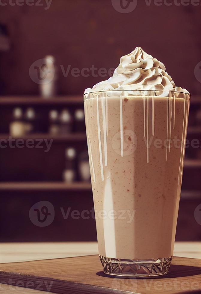 3d illustration of milkshakes. Cream, topping, chocolate, vanilla, fruits, banana, strawberry, cookies, biscuit. Advertisement, banner. Festive, winter, autumn, Christmas. photo