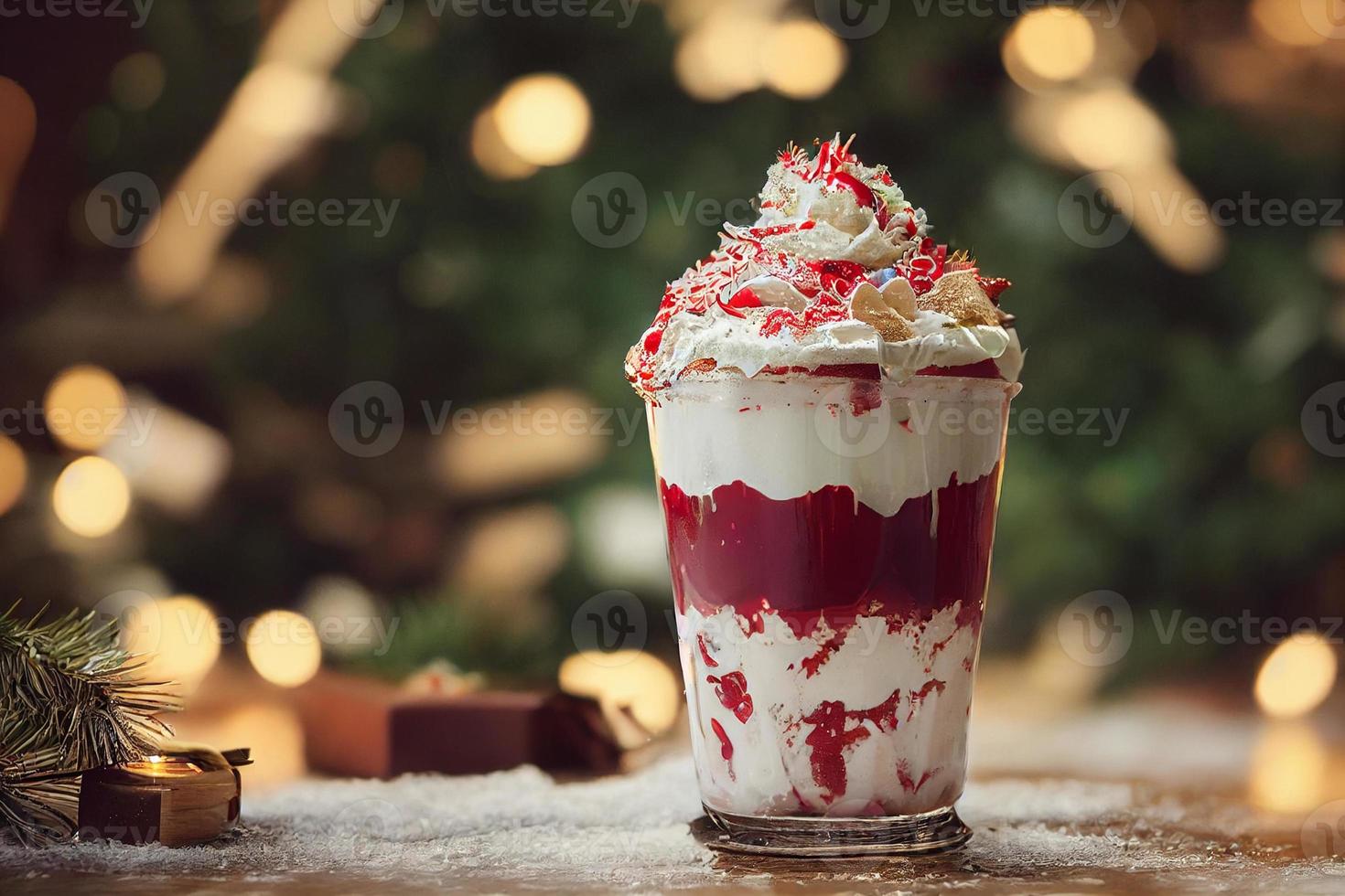 3d illustration of milkshakes. Cream, topping, chocolate, vanilla, fruits, banana, strawberry, cookies, biscuit. Advertisement, banner. Festive, winter, autumn, Christmas. photo