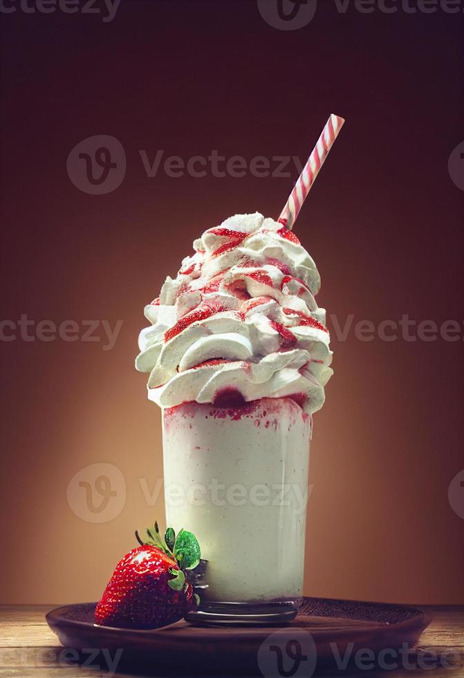 3d illustration of milkshakes. Cream, topping, chocolate, vanilla, fruits, banana, strawberry, cookies, biscuit. Advertisement, banner. Festive, winter, autumn, Christmas. photo
