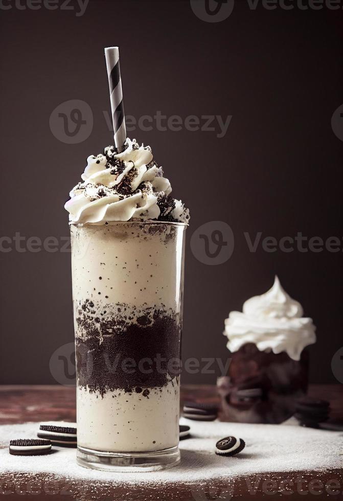 3d illustration of milkshakes. Cream, topping, chocolate, vanilla, fruits, banana, strawberry, cookies, biscuit. Advertisement, banner. Festive, winter, autumn, Christmas. photo