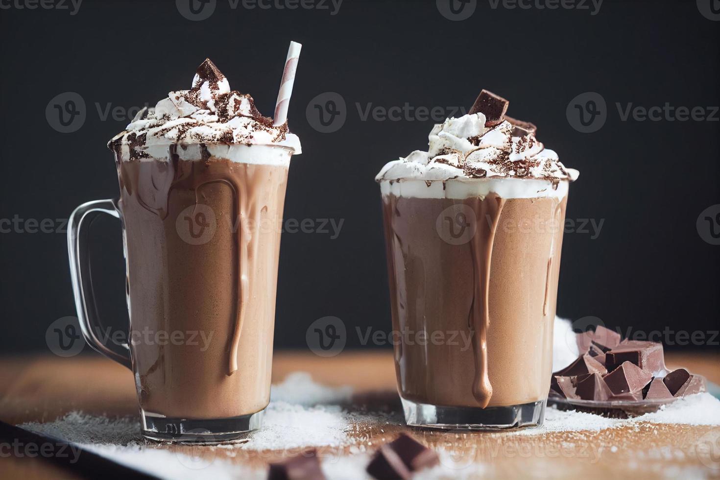 3d illustration of milkshakes. Cream, topping, chocolate, vanilla, fruits, banana, strawberry, cookies, biscuit. Advertisement, banner. Festive, winter, autumn, Christmas. photo