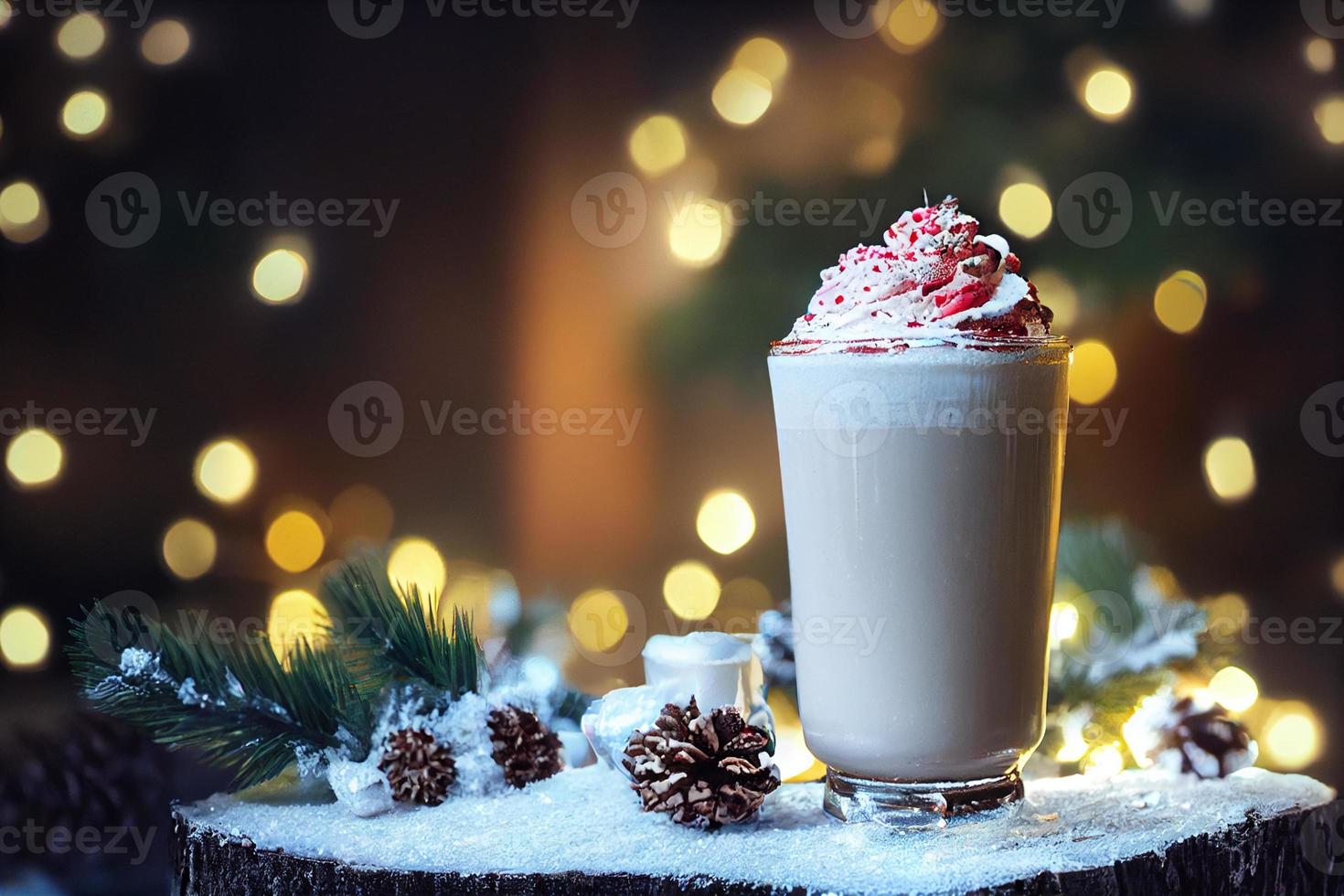 3d illustration of milkshakes. Cream, topping, chocolate, vanilla, fruits, banana, strawberry, cookies, biscuit. Advertisement, banner. Festive, winter, autumn, Christmas. photo