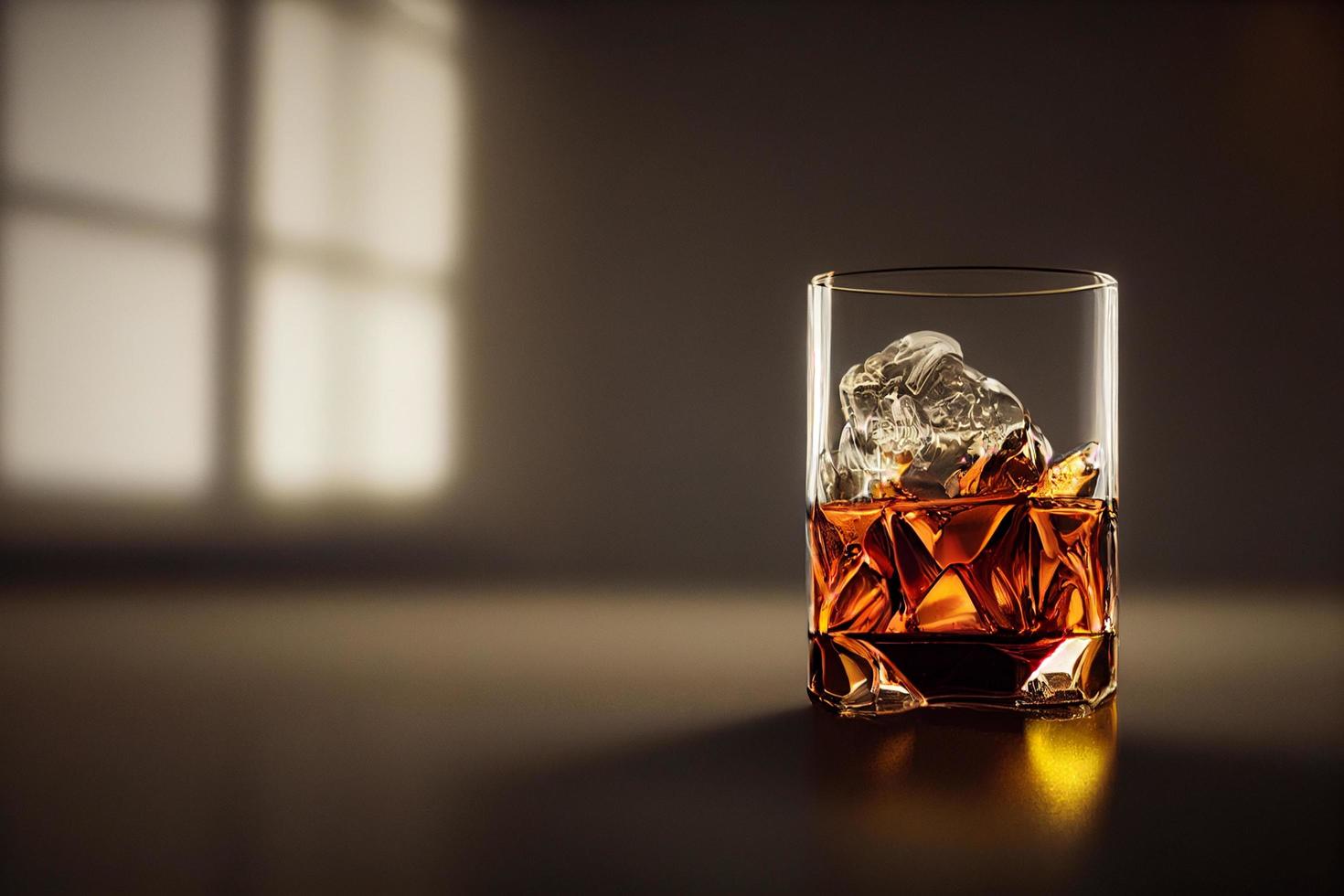 3d illustration of a glass of whiskey with ice. Advertisement, banner, copy space, place holder. photo