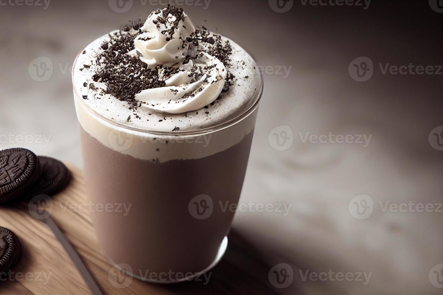 3d illustration of milkshakes. Cream, topping, chocolate, vanilla, fruits, banana, strawberry, cookies, biscuit. Advertisement, banner. Festive, winter, autumn, Christmas. photo