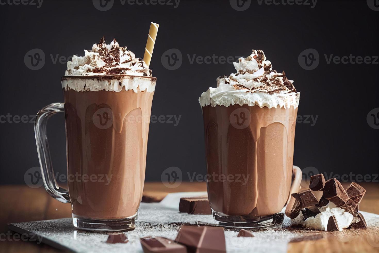 3d illustration of milkshakes. Cream, topping, chocolate, vanilla, fruits, banana, strawberry, cookies, biscuit. Advertisement, banner. Festive, winter, autumn, Christmas. photo