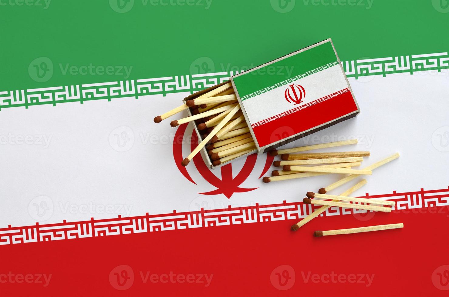 Iran flag  is shown on an open matchbox, from which several matches fall and lies on a large flag photo