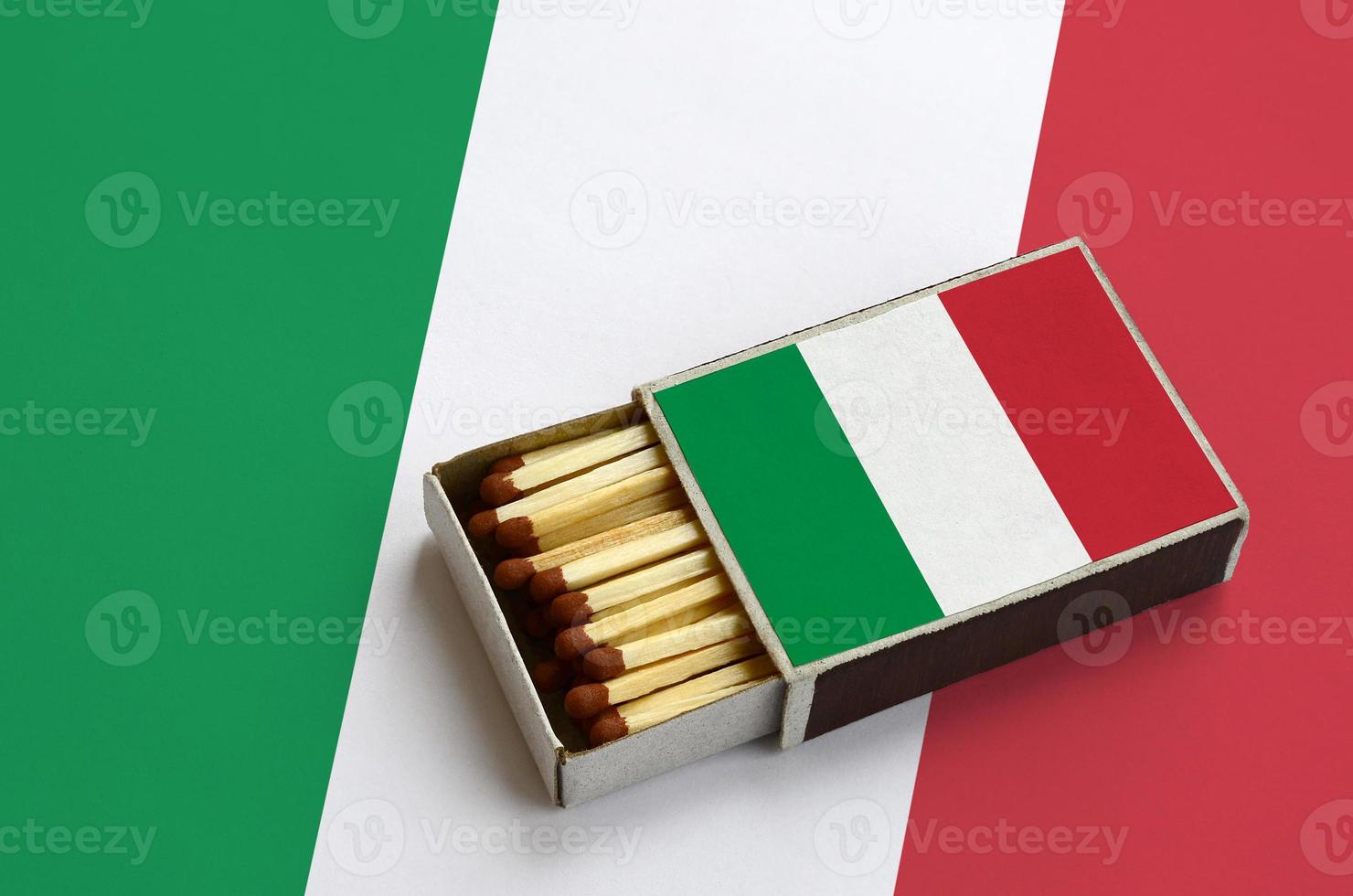 Italy flag  is shown in an open matchbox, which is filled with matches and lies on a large flag photo