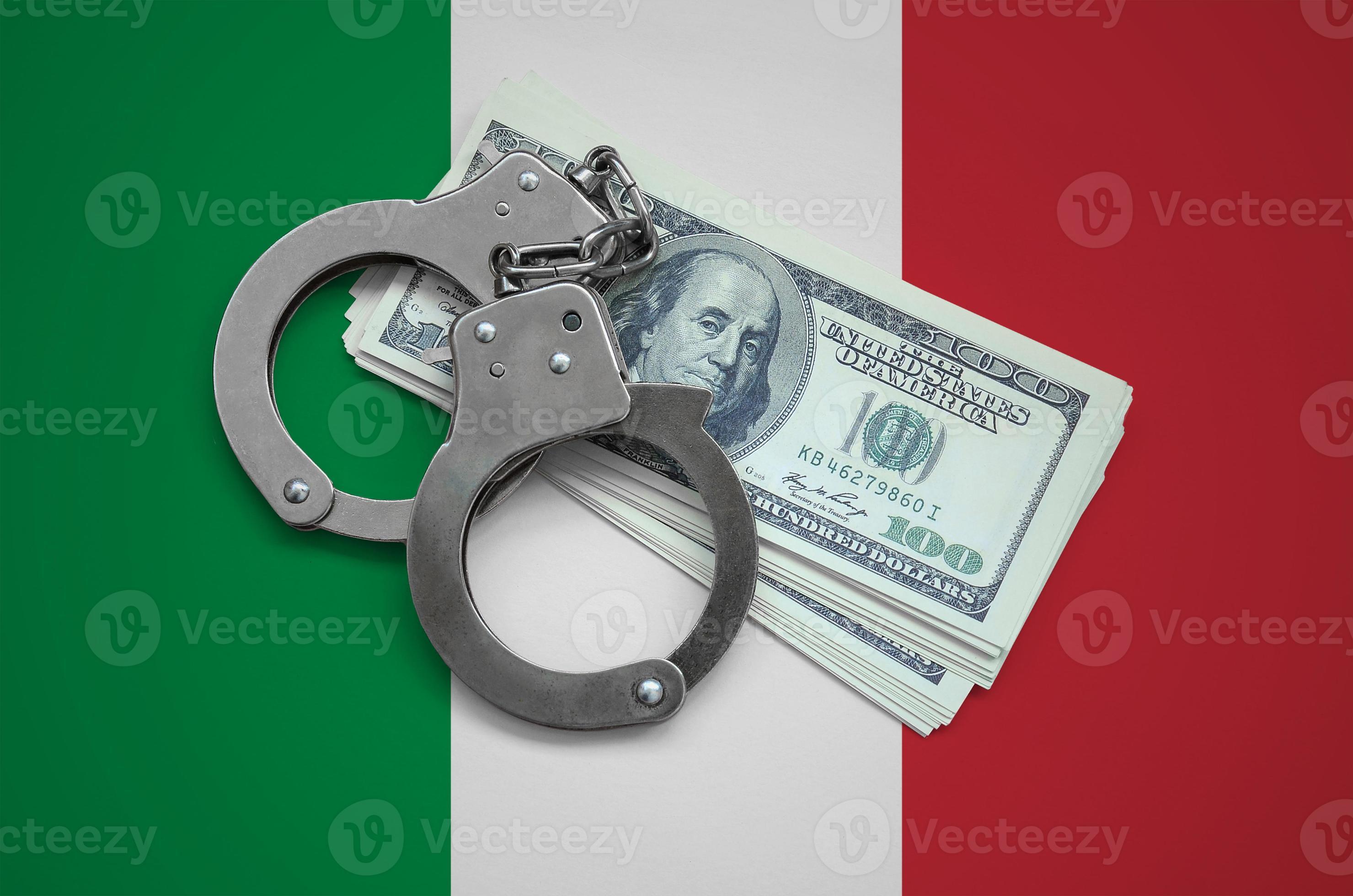 Italy flag with handcuffs and a bundle of dollars. Currency corruption