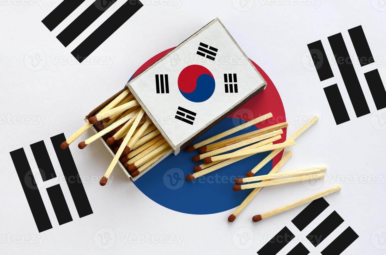 South Korea flag  is shown on an open matchbox, from which several matches fall and lies on a large flag photo