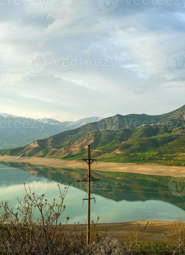 A vertical shot of the mountains and a reservoir in Central Asia photo