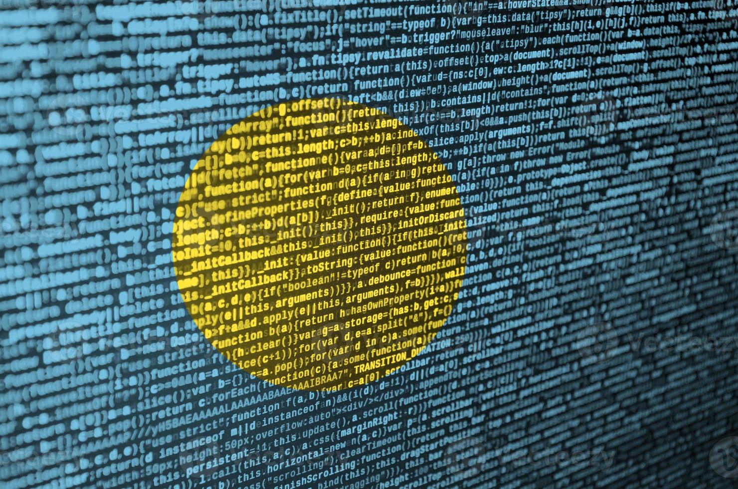 Palau flag  is depicted on the screen with the program code. The concept of modern technology and site development photo