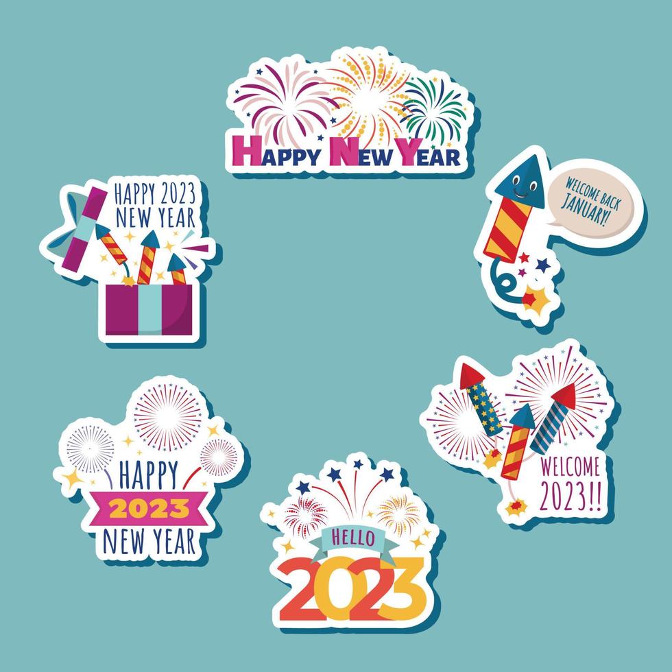 Fireworks Greeting New Year Sticker Collection vector