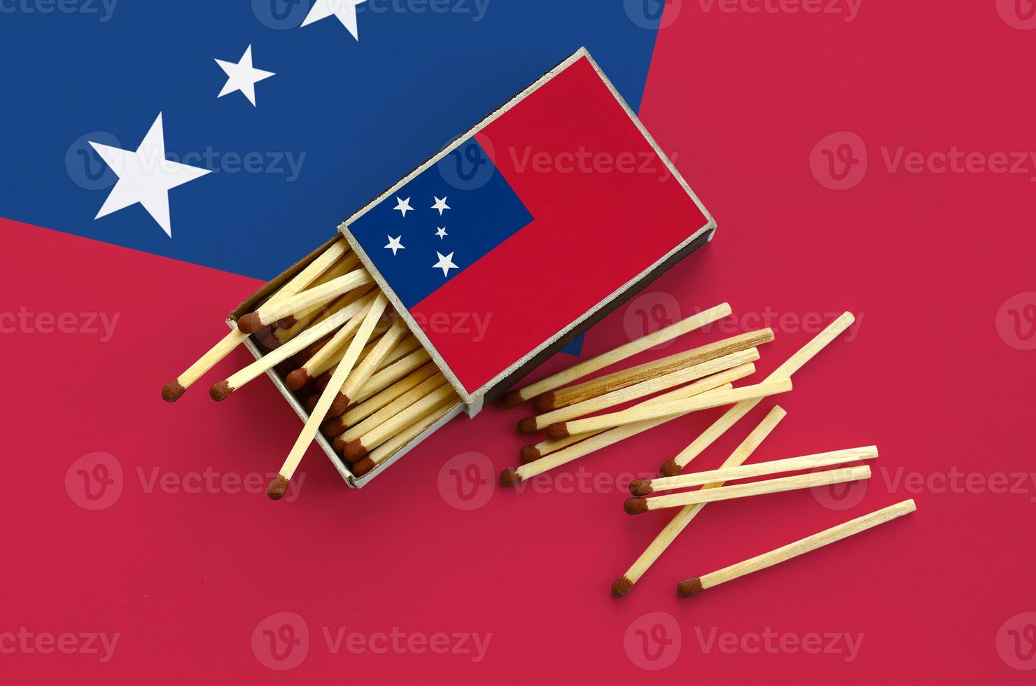 Samoa flag  is shown on an open matchbox, from which several matches fall and lies on a large flag photo