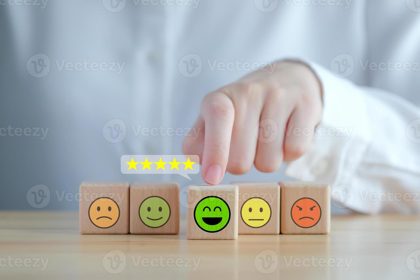Feedback rating and positive service review. Customer experience, Mental health assessment, World mental health day, think positive, Emotion, satisfaction survey. Hand choosing happy face with 5 star. photo