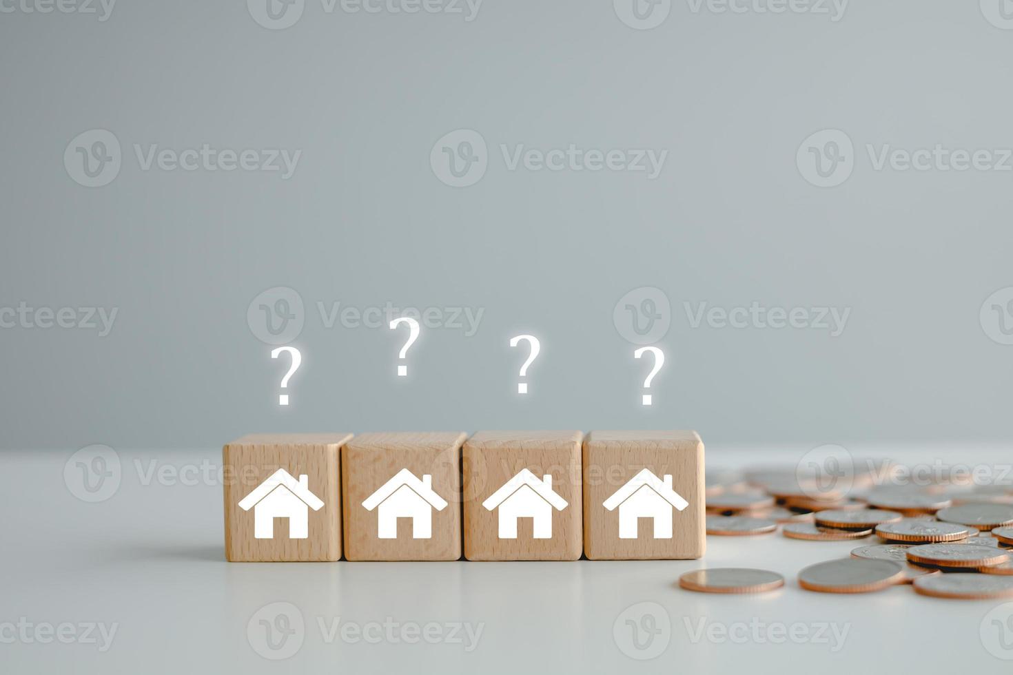 Real estate, Property investment and asset management concept. House on wooden block with question mark and money coin. Decision to choose the best property with your right. Choosing suitable housing. photo