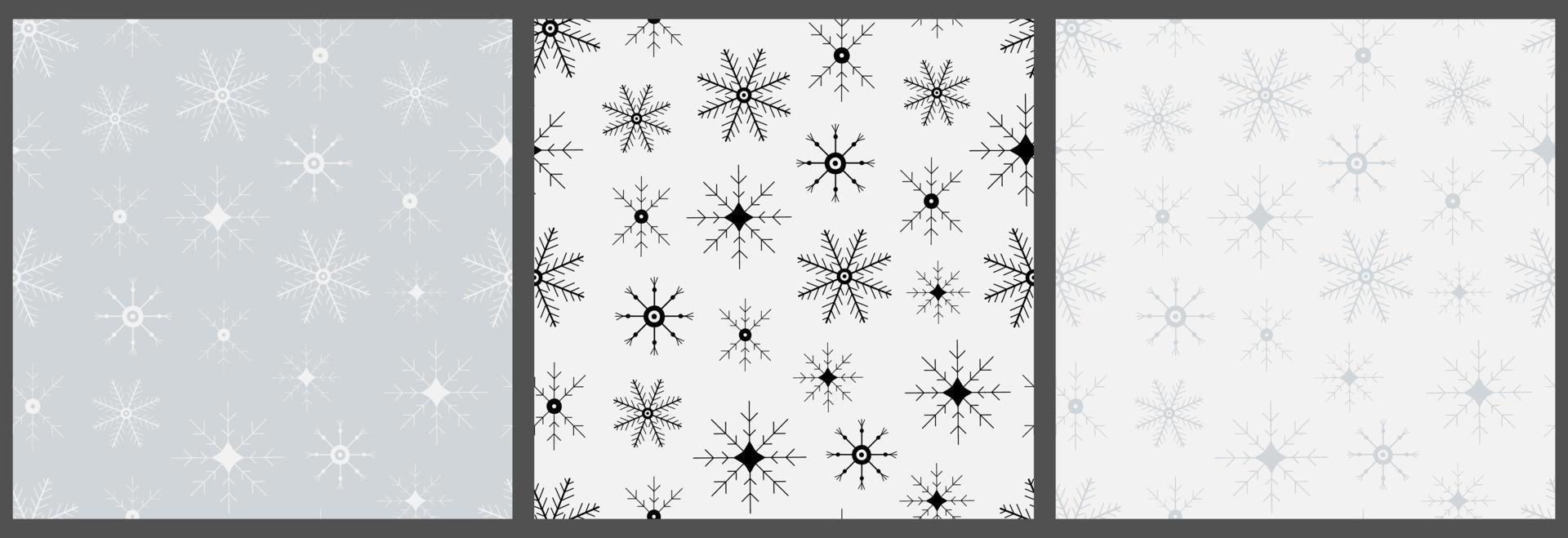 Set of seamless patterns with snowflakes. Hand drawn winter backgrounds. Doodle Christmas snowflakes vector print