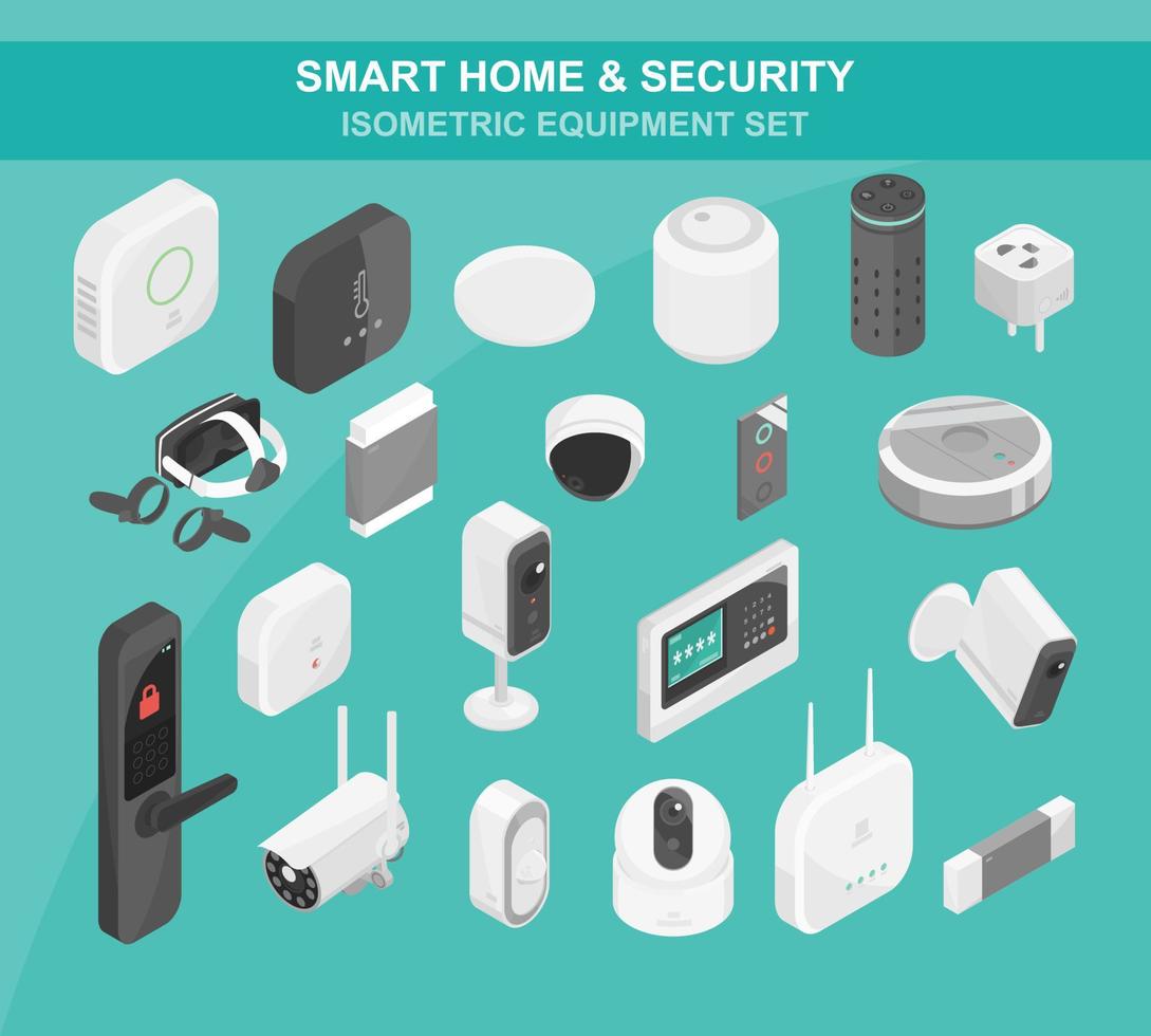 elementos de equipo de seguridad y hogar inteligente cámara cctv asistente doméstico inalámbrico aparato eléctrico conjunto de vectores isométricos