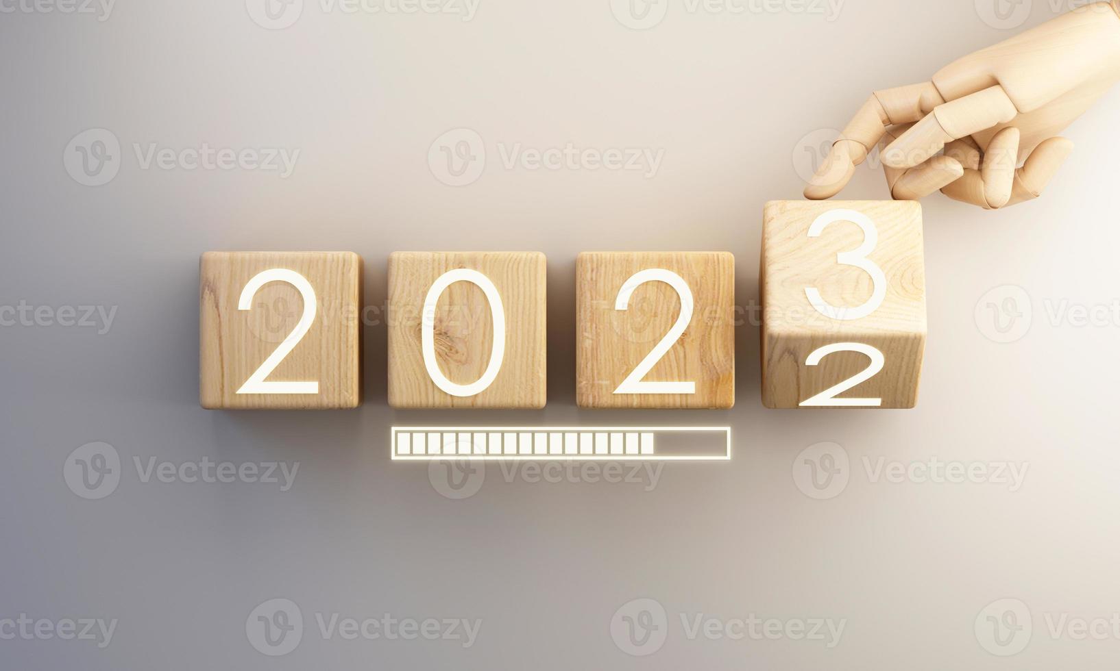 año nuevo 2023 cargando. cuenta regresiva de 2022 a 2023 con mano de caricatura de madera poniendo cubo de madera en la barra de progreso. representación 3d foto