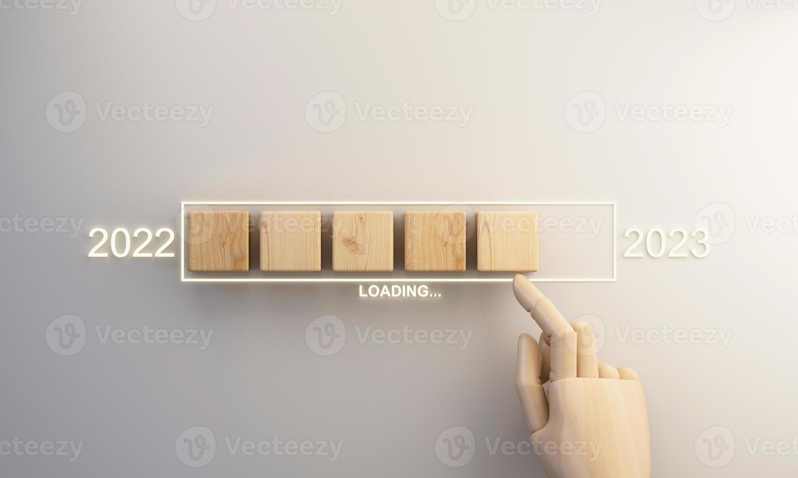 New year 2023 Loading. Countdown from 2022 to 2023 with wooden cartoon hand putting wood cube in progress bar. 3d rendering photo