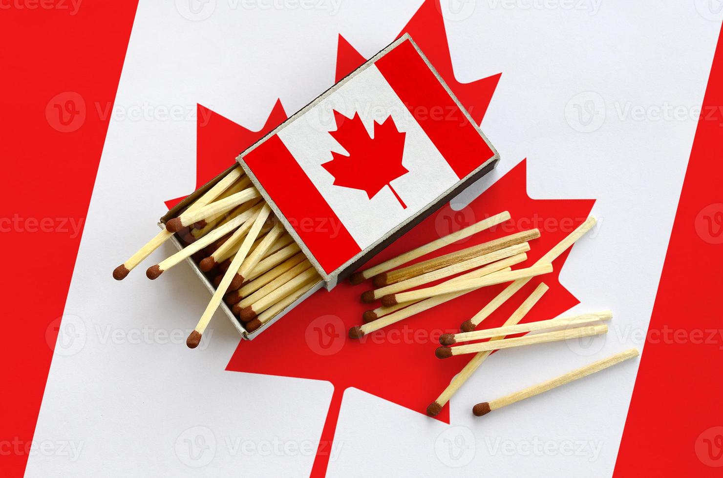 Canada flag  is shown on an open matchbox, from which several matches fall and lies on a large flag photo